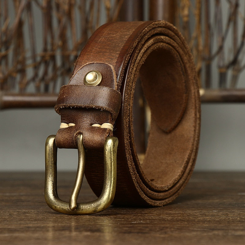 Black / 105 cm Men's Stylish Brass Buckle Leather Waistband - skyjackerz