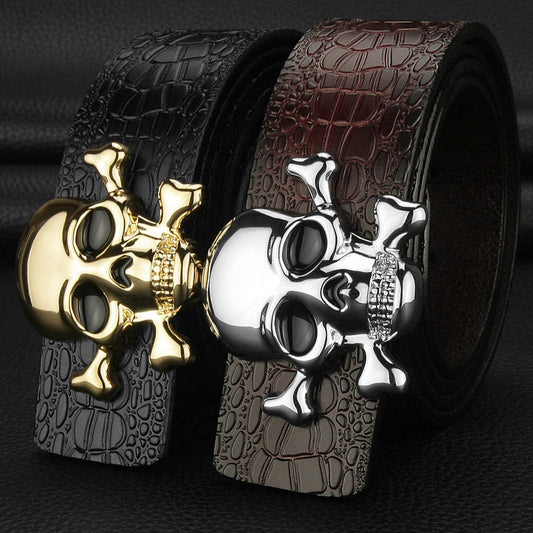 Gold - Black / 105 cm Men's Designer Skull Buckle Genuine Leather Belt - skyjackerz