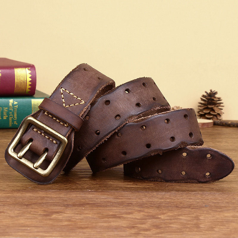 Coffee / 105 cm Men's Distressed Leather Double Pin Belt - skyjackerz