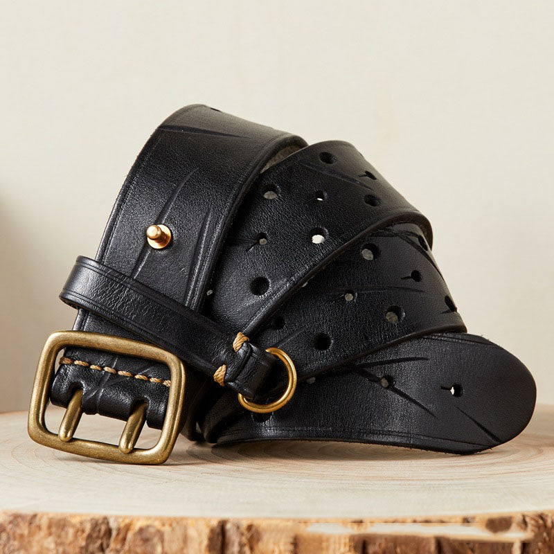 Black / 105 cm Men's Designer Double Pin Leather Belt - skyjackerz