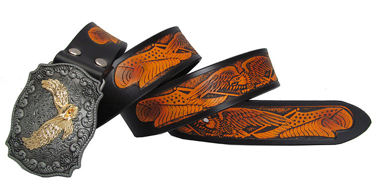 Black / 100 cm Retro Eagle Totem Genuine Leather Belt for Men - skyjackerz