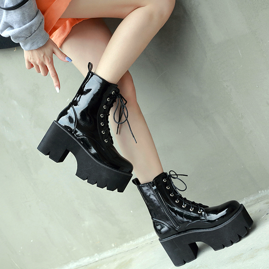Black / 4.5 Women's Black Leather Ankle Boots - skyjackerz
