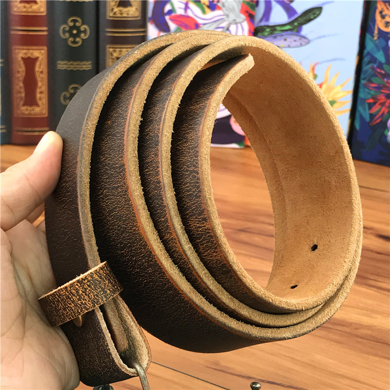 Yellow Brown / 105 cm Vintage Leather Belt for Men with Brass Owl Buckle - skyjackerz