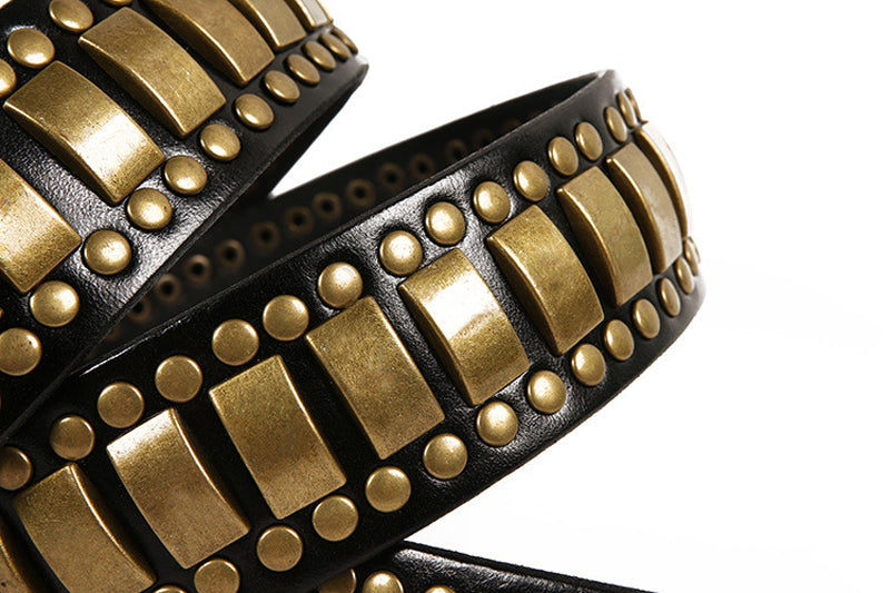 Black / 105 cm Men's Studded Genuine Leather Belt with Rivets - skyjackerz