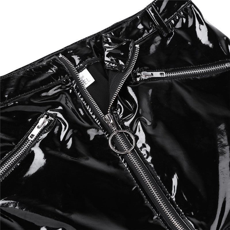 Women's Black Wet Look Mini Skirt - skyjackerz