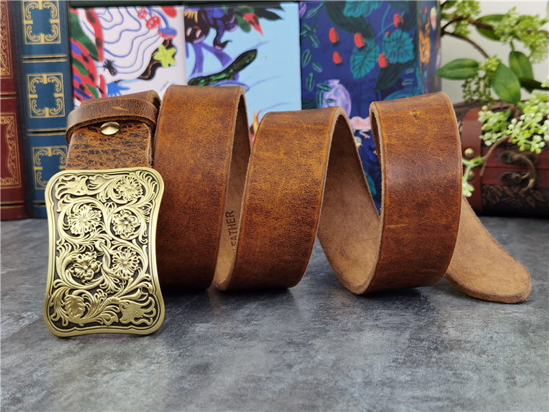 Yellow Brown / 95 cm Luxury Carved Leather Belt for Men - Floral Design - skyjackerz