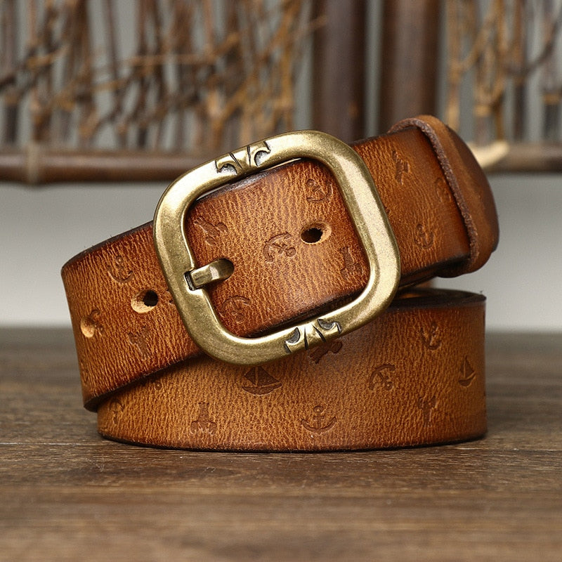 Brown / 105 cm Men's Embossed Designer Genuine Leather Belt - skyjackerz