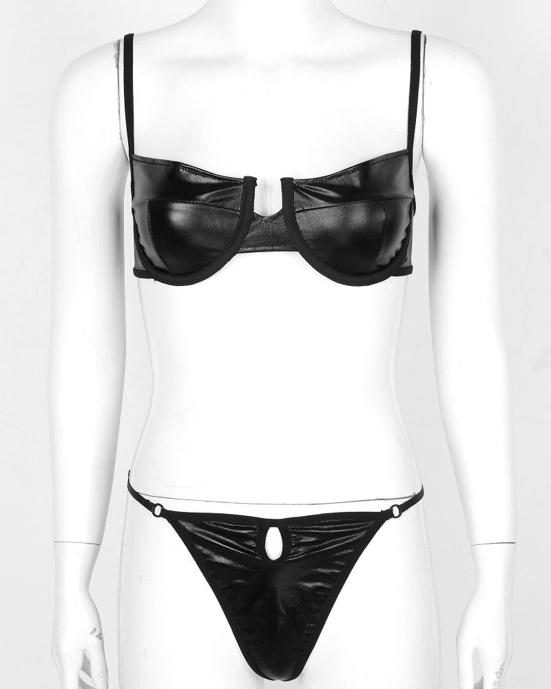 Women's Leather Black Bikini Set - skyjackerz
