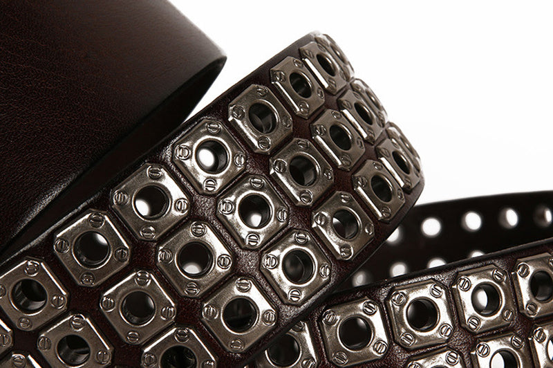 Black / 100 cm Men's Heavy Metal Cowboy Punk Leather Belt - skyjackerz