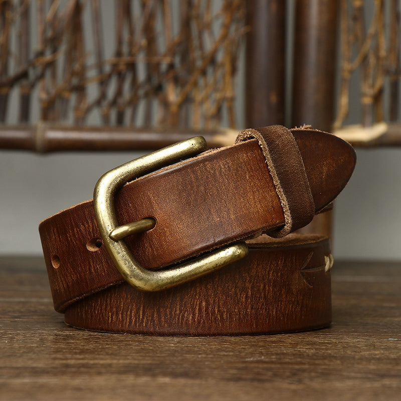 Black / 105 cm Men's Stylish Brass Buckle Leather Waistband - skyjackerz