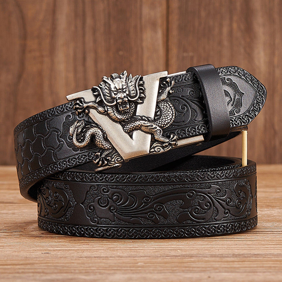 Silver V Coffee / 100 cm Men's Dragon Alloy Automatic Leather Belt - skyjackerz