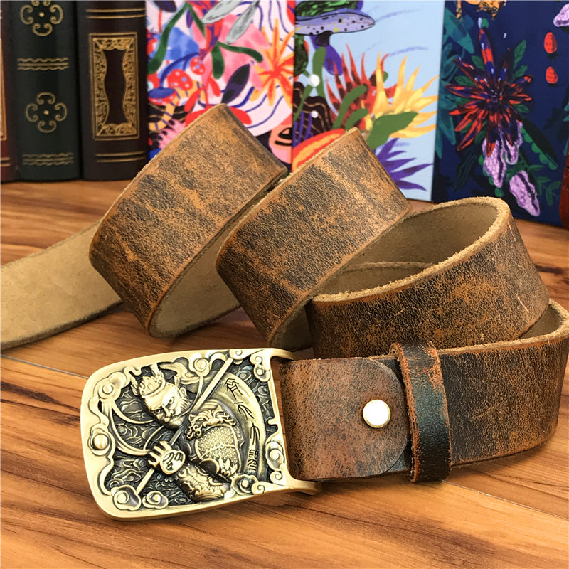 Yellow Brown / 95 cm Men's Brass Buckle Leather Belt - Monkey King Design - skyjackerz