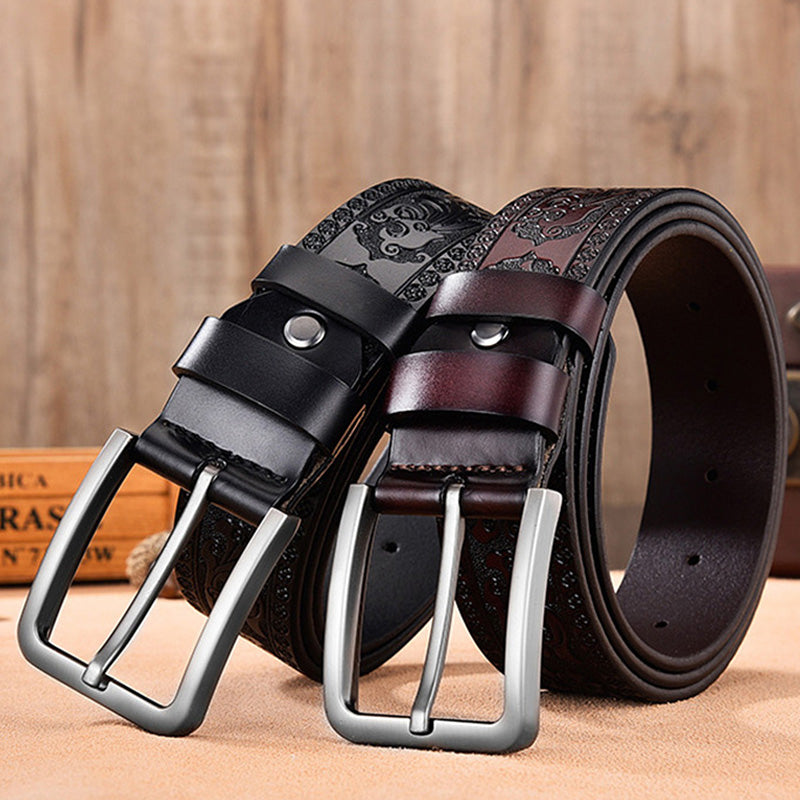 Black / 95 cm Men's Vintage Embossed Leather Belt - skyjackerz