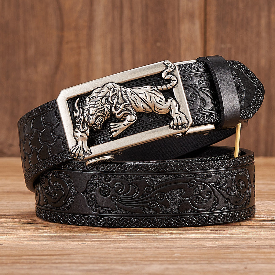 Gold - Coffee / 100 cm Tiger Design Automatic Embossed Leather Belt for Men - skyjackerz