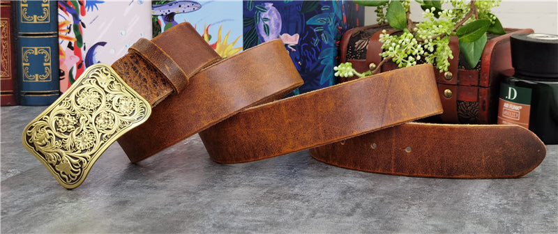 Yellow Brown / 95 cm Luxury Carved Leather Belt for Men - Floral Design - skyjackerz