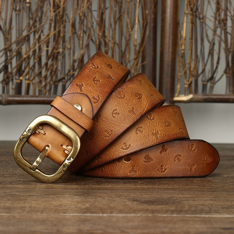 Brown / 105 cm Men's Embossed Designer Genuine Leather Belt - skyjackerz