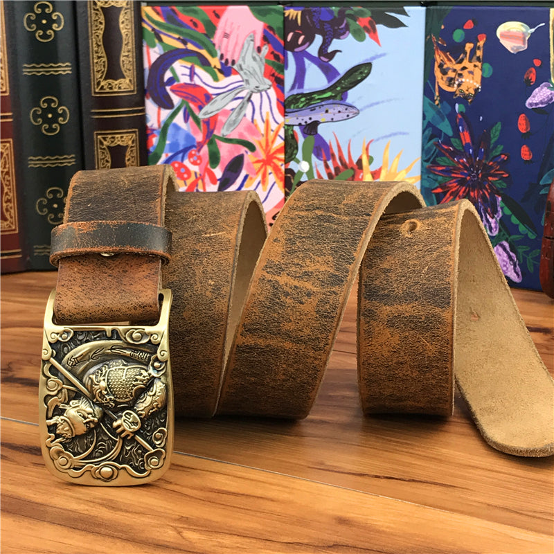 Yellow Brown / 95 cm Men's Brass Buckle Leather Belt - Monkey King Design - skyjackerz