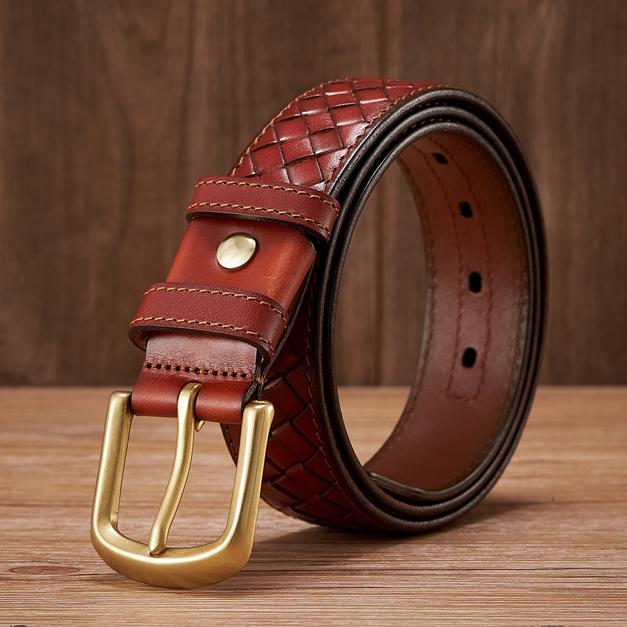 Black / 100 cm Men's Braided Woven Leather Belt - Cowboy Style - skyjackerz