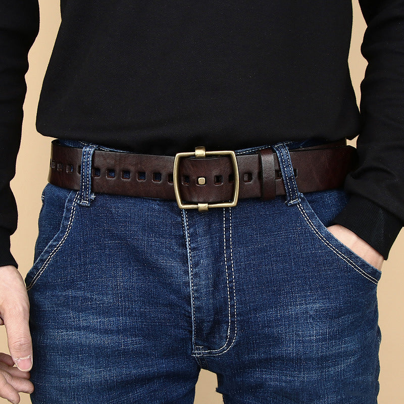 Reddish Brown / 105 cm Men's Vintage Brass Buckle Leather Belt - skyjackerz