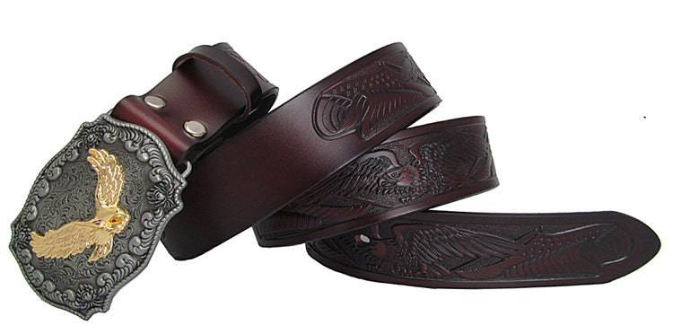 Black / 100 cm Retro Eagle Totem Genuine Leather Belt for Men - skyjackerz