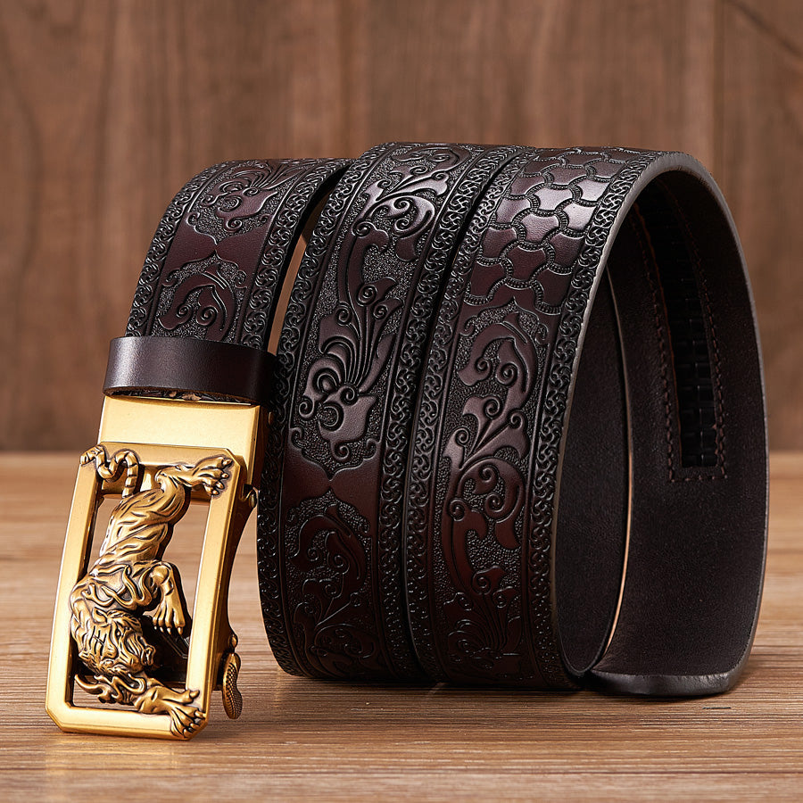Gold - Coffee / 100 cm Tiger Design Automatic Embossed Leather Belt for Men - skyjackerz