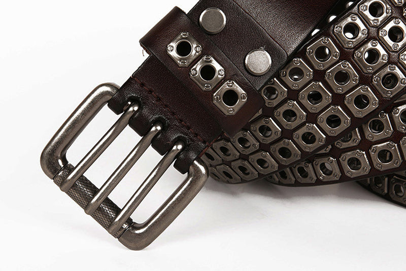 Black / 100 cm Men's Heavy Metal Cowboy Punk Leather Belt - skyjackerz