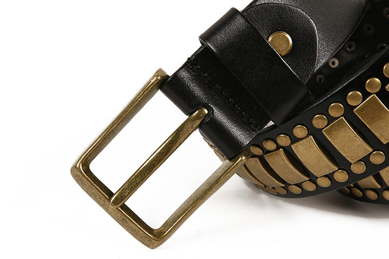 Black / 105 cm Men's Studded Genuine Leather Belt with Rivets - skyjackerz