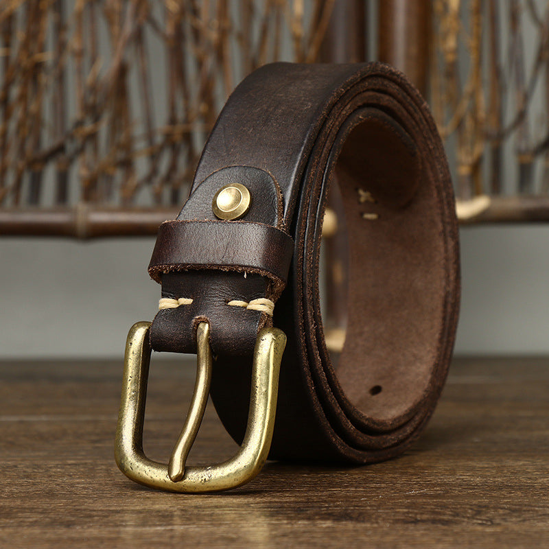 Black / 105 cm Men's Stylish Brass Buckle Leather Waistband - skyjackerz