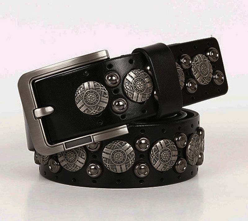 Black / 105 cm Metal Rivet Cowboy Leather Belt For Men - skyjackerz
