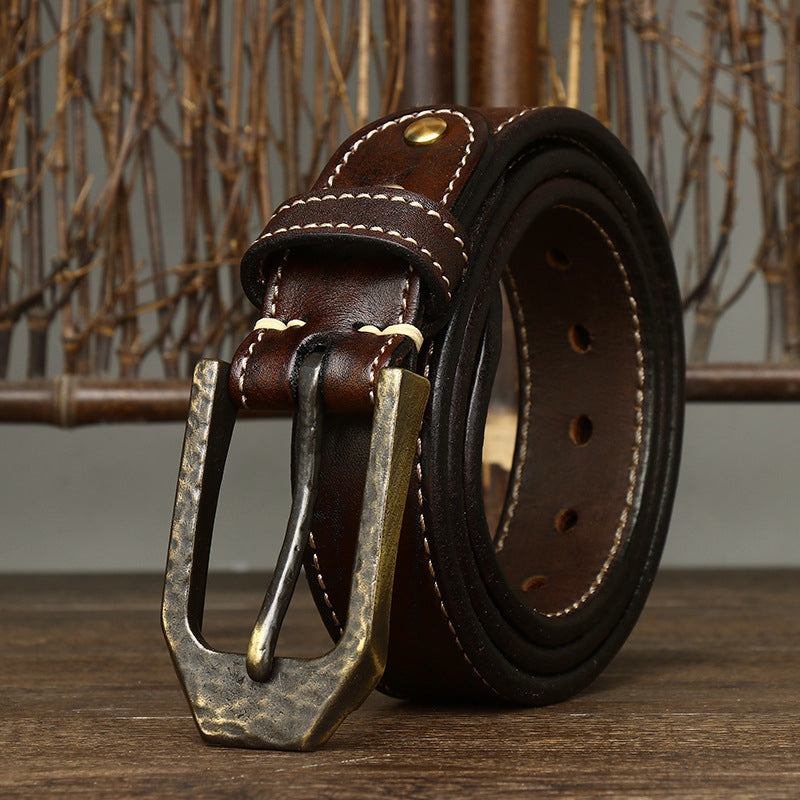 Redish Brown / 105 cm Men's Thick Buckle Genuine Leather Belt - skyjackerz