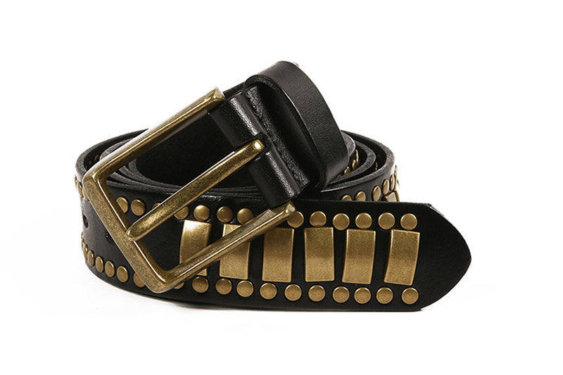 Black / 105 cm Men's Studded Genuine Leather Belt with Rivets - skyjackerz