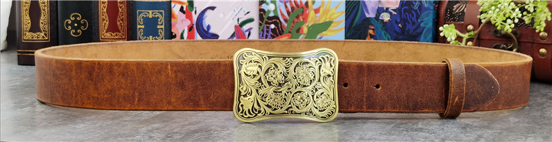 Yellow Brown / 95 cm Luxury Carved Leather Belt for Men - Floral Design - skyjackerz