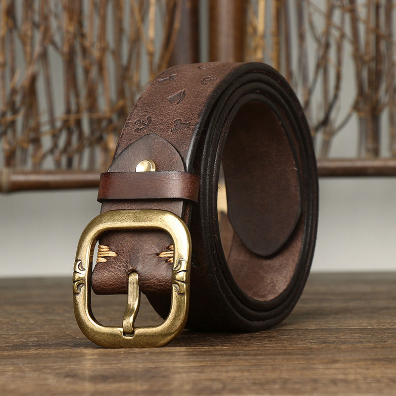 Brown / 105 cm Men's Embossed Designer Genuine Leather Belt - skyjackerz