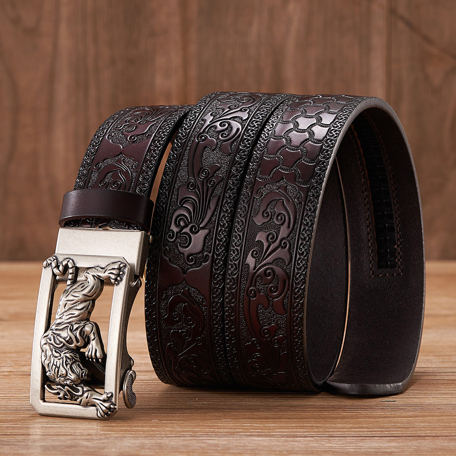 Gold - Coffee / 100 cm Tiger Design Automatic Embossed Leather Belt for Men - skyjackerz