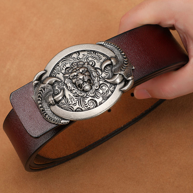 Silver - Brown / 110 cm Exotic Lion Totem Alloy Leather Belt For Men - skyjackerz