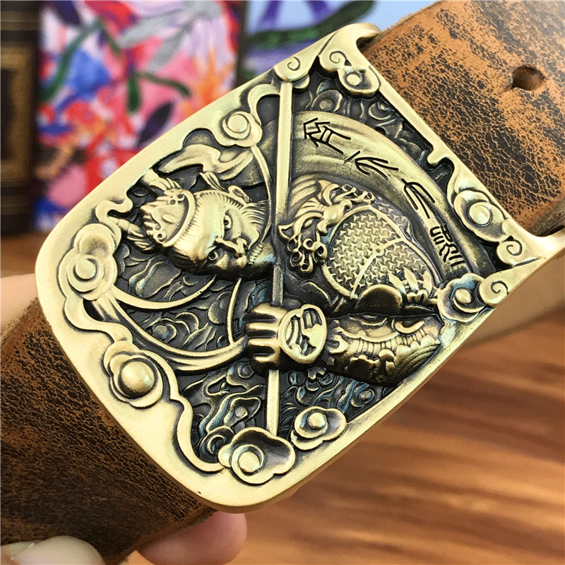 Yellow Brown / 95 cm Men's Brass Buckle Leather Belt - Monkey King Design - skyjackerz