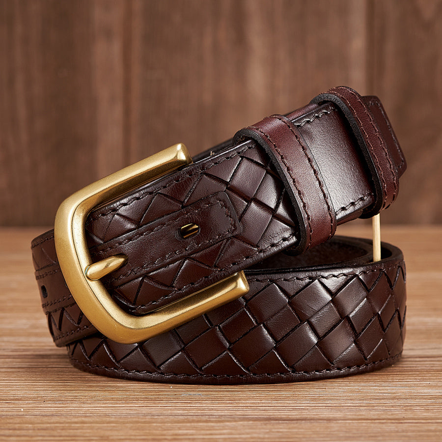 Coffee / 100 cm Men's Braided Woven Leather Belt - Cowboy Style - skyjackerz