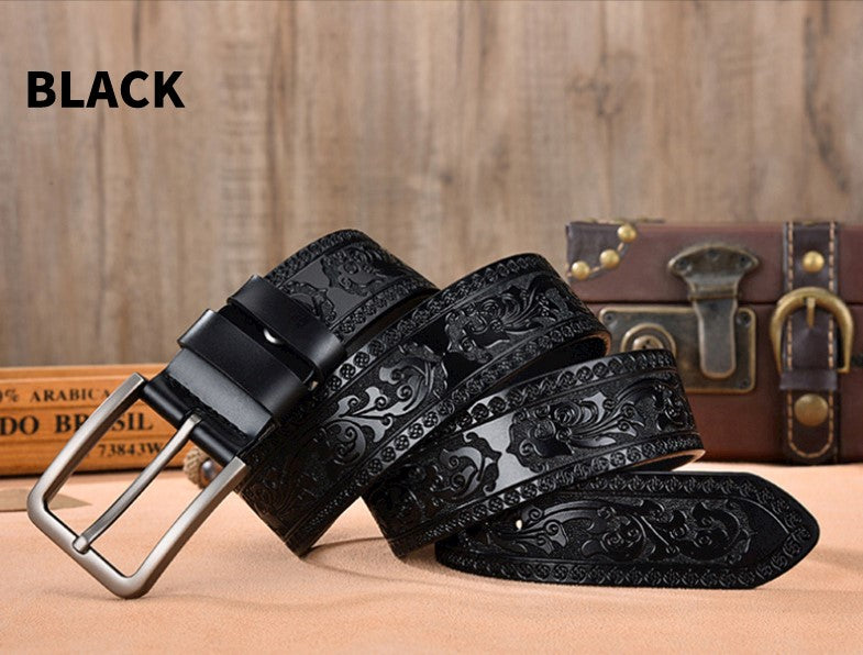 Black / 95 cm Men's Vintage Embossed Leather Belt - skyjackerz