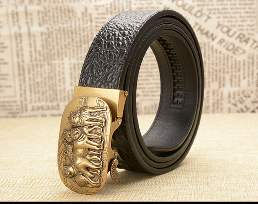 Gold - Black / 105 cm Wolf Pack Automatic Leather Belt For Men - skyjackerz