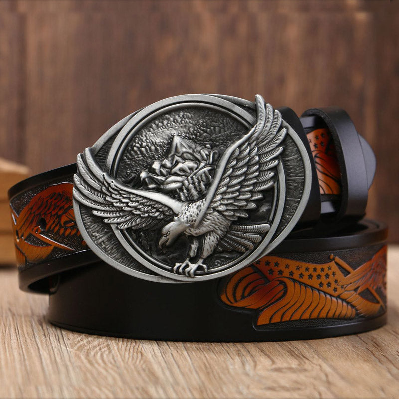 Eagle Buckle - Silver / Black / 105 cm Men's Eagle Embossed Leather Belt - skyjackerz
