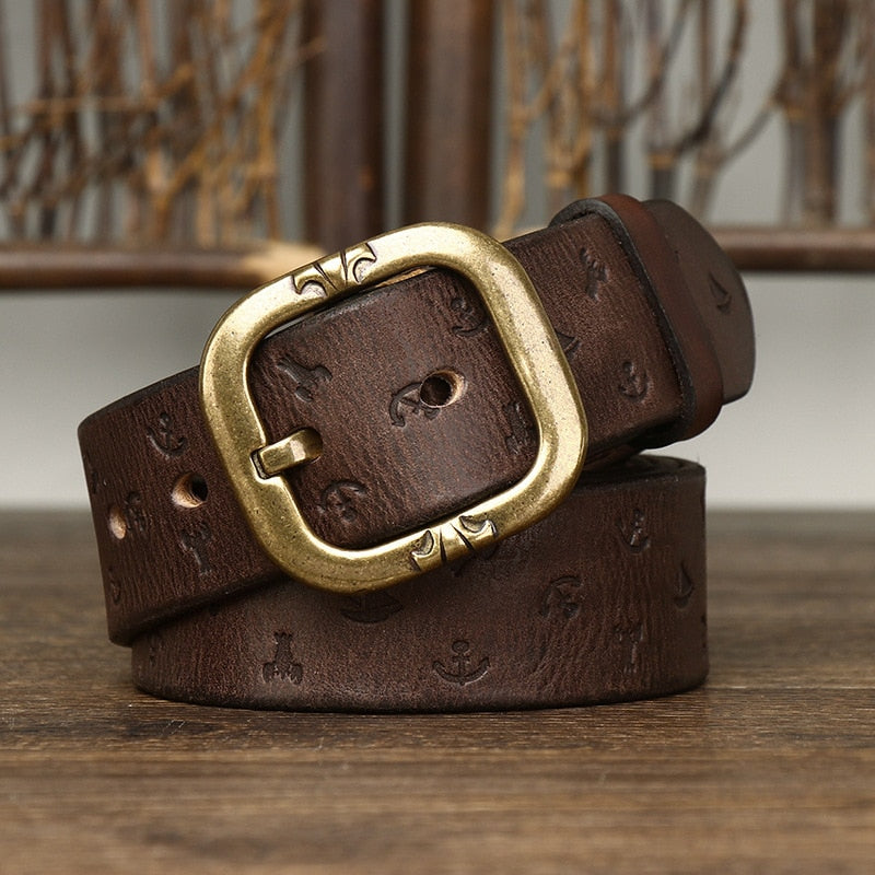 Brown / 105 cm Men's Embossed Designer Genuine Leather Belt - skyjackerz