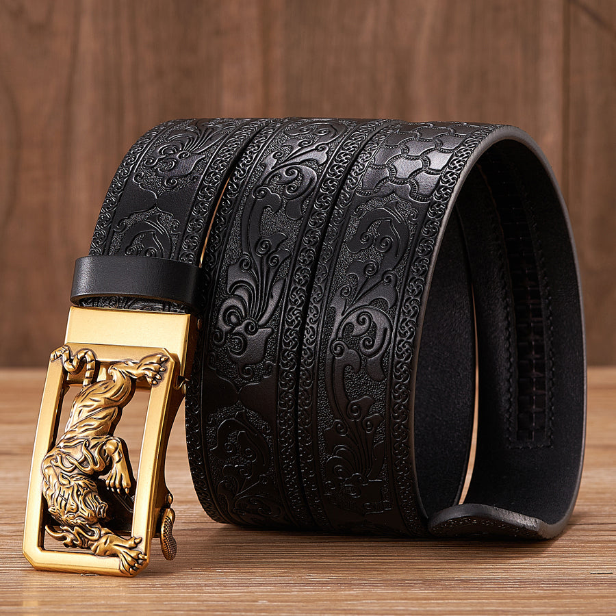 Gold - Coffee / 100 cm Tiger Design Automatic Embossed Leather Belt for Men - skyjackerz