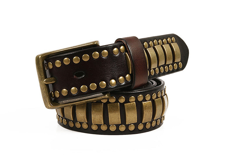 Black / 105 cm Men's Studded Genuine Leather Belt with Rivets - skyjackerz