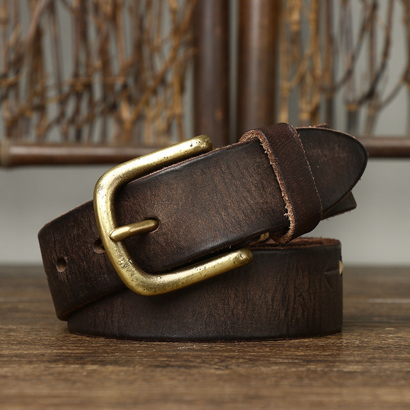 Black / 105 cm Men's Stylish Brass Buckle Leather Waistband - skyjackerz