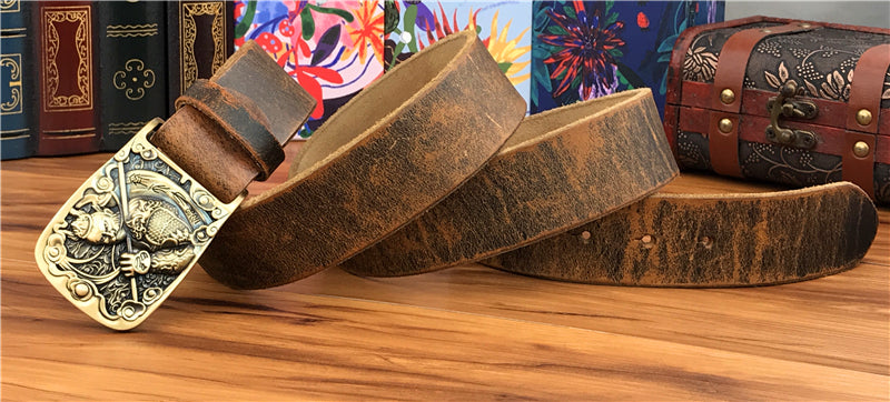 Yellow Brown / 95 cm Men's Brass Buckle Leather Belt - Monkey King Design - skyjackerz