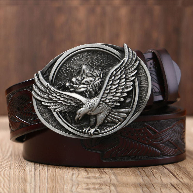 Eagle Buckle - Silver / Coffee / 105 cm Men's Eagle Embossed Leather Belt - skyjackerz