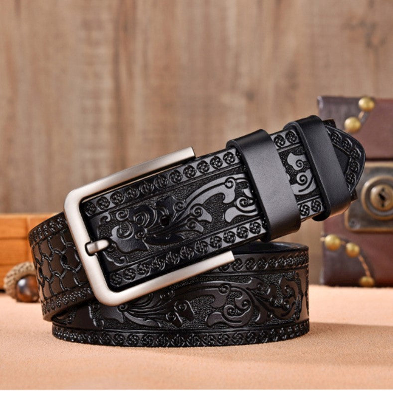 Black / 95 cm Men's Vintage Embossed Leather Belt - skyjackerz