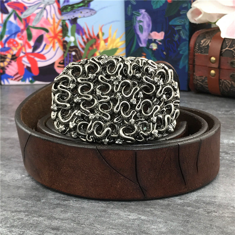 Brown / 95 cm Men's Retro Snake Buckle Thick Leather Belt - skyjackerz
