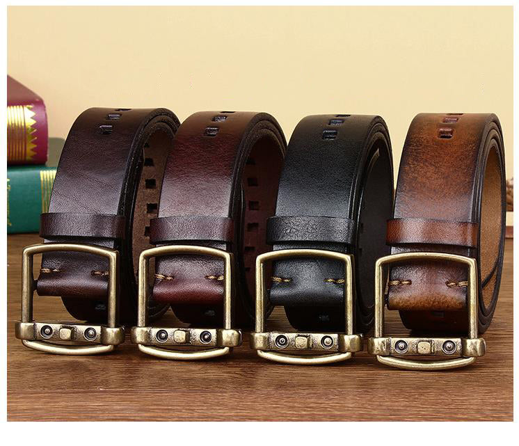 Reddish Brown / 105 cm Men's Vintage Brass Buckle Leather Belt - skyjackerz