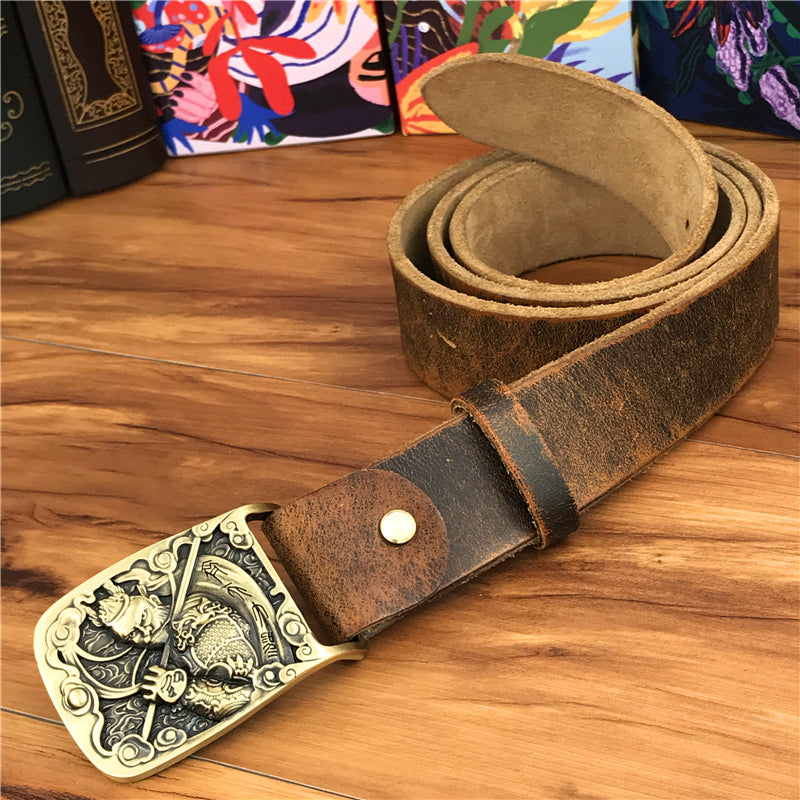 Yellow Brown / 95 cm Men's Brass Buckle Leather Belt - Monkey King Design - skyjackerz